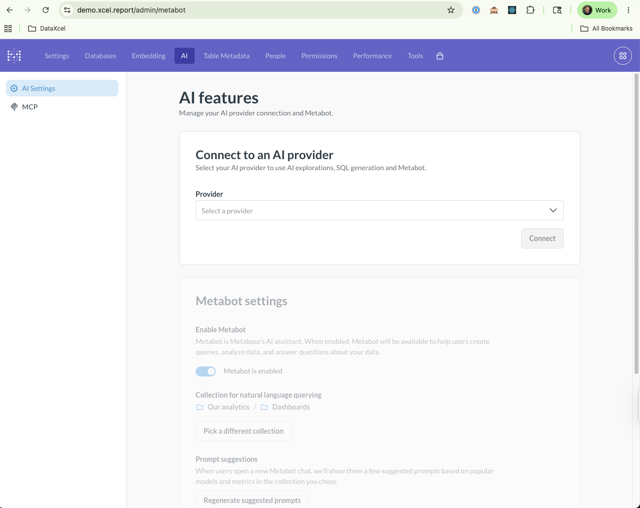 Metabase AI features admin page