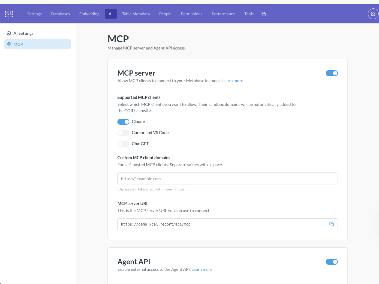 Metabase MCP server tab with Claude enabled