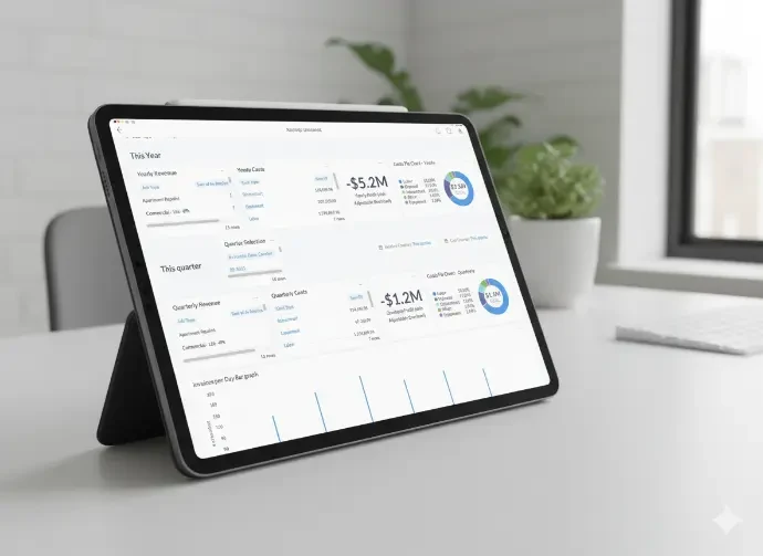 DataXcel dashboards rendered on an iPad showing yearly revenue, quarterly performance, and cost analysis
